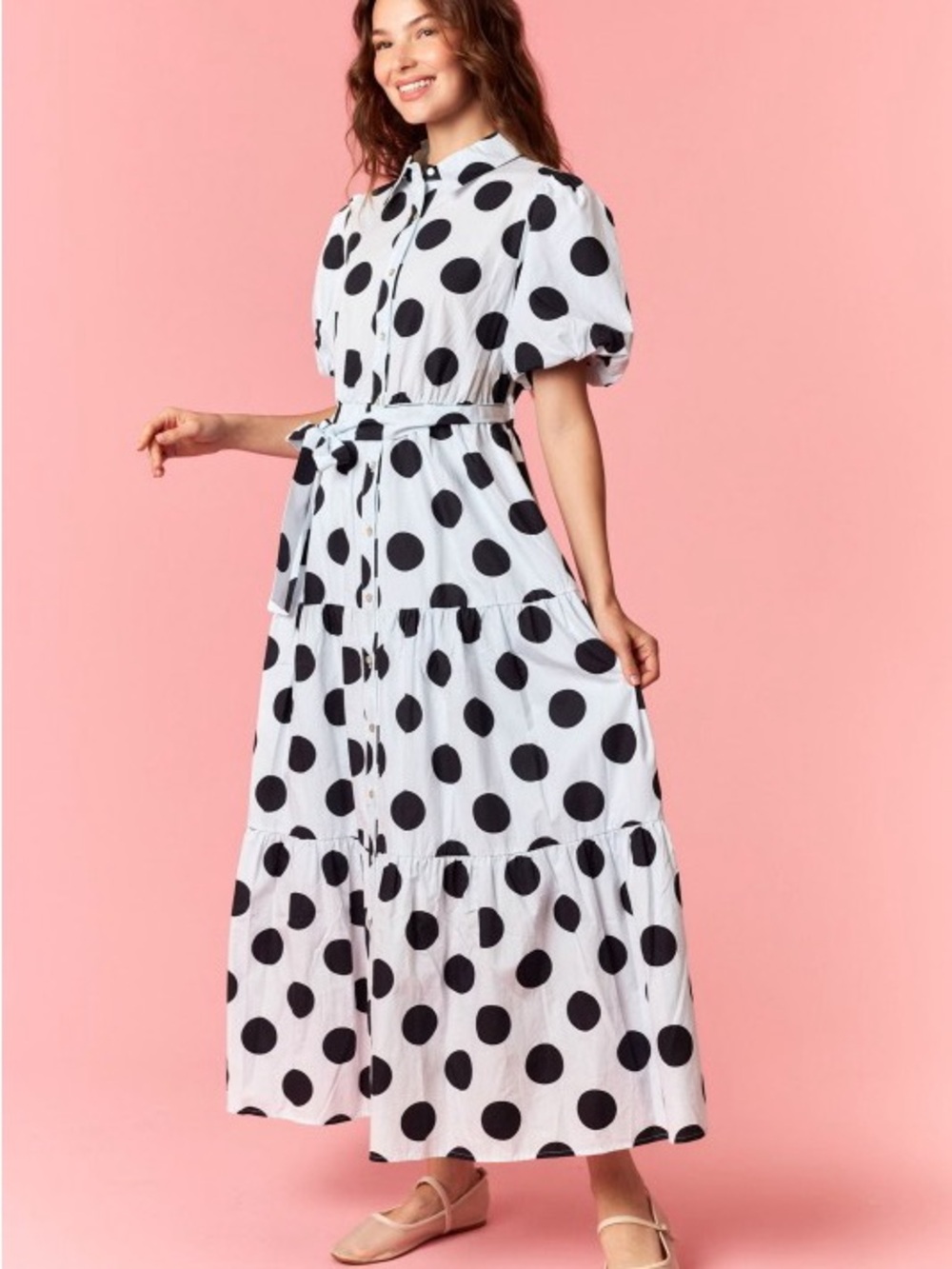 NWT WHITE BLACK POLKA Dot Printed Cotton Poplin Puff Sleeve Maxi Dress - Picture 4 of 9